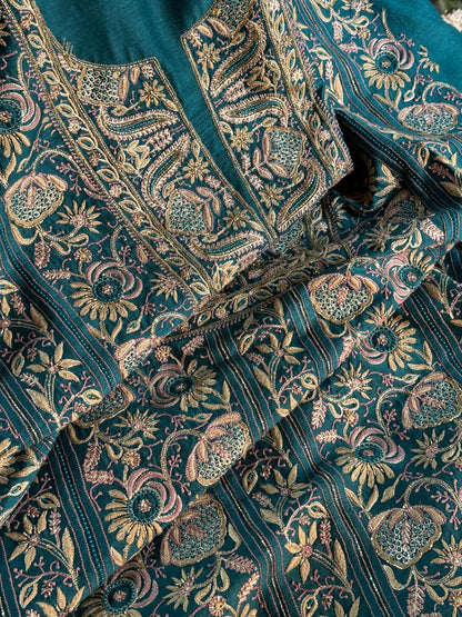 Peacock Blue Shade Moonga Silk Chikankari Unstitched Fabric