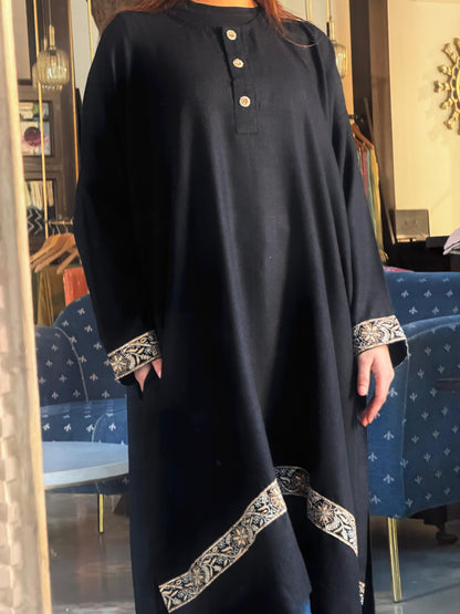 Black Pashmina Kashmiri Phiran – Ari & Chikankari Detailing