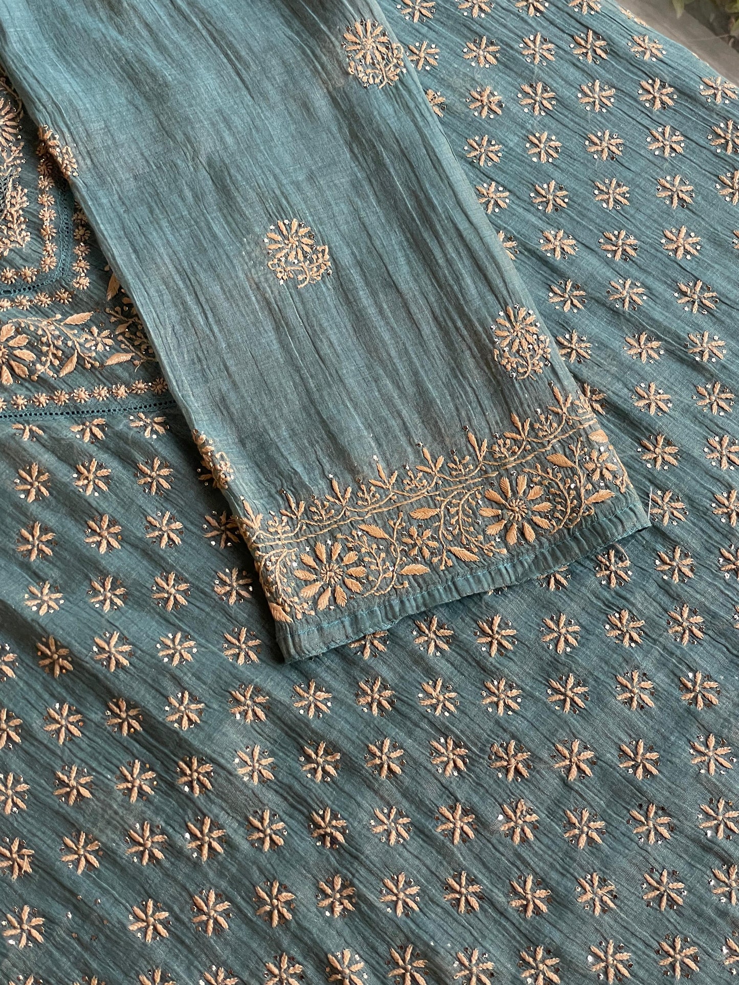 Grey Blue Shade | Tissue Silk Chikankari Work Kurta Set