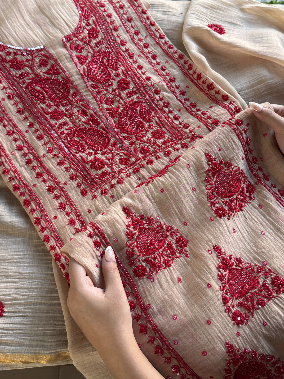 Beige & Red Mal Chanderi Silk Chikankari With Sequins Unstitched Kurta Dupatta Set