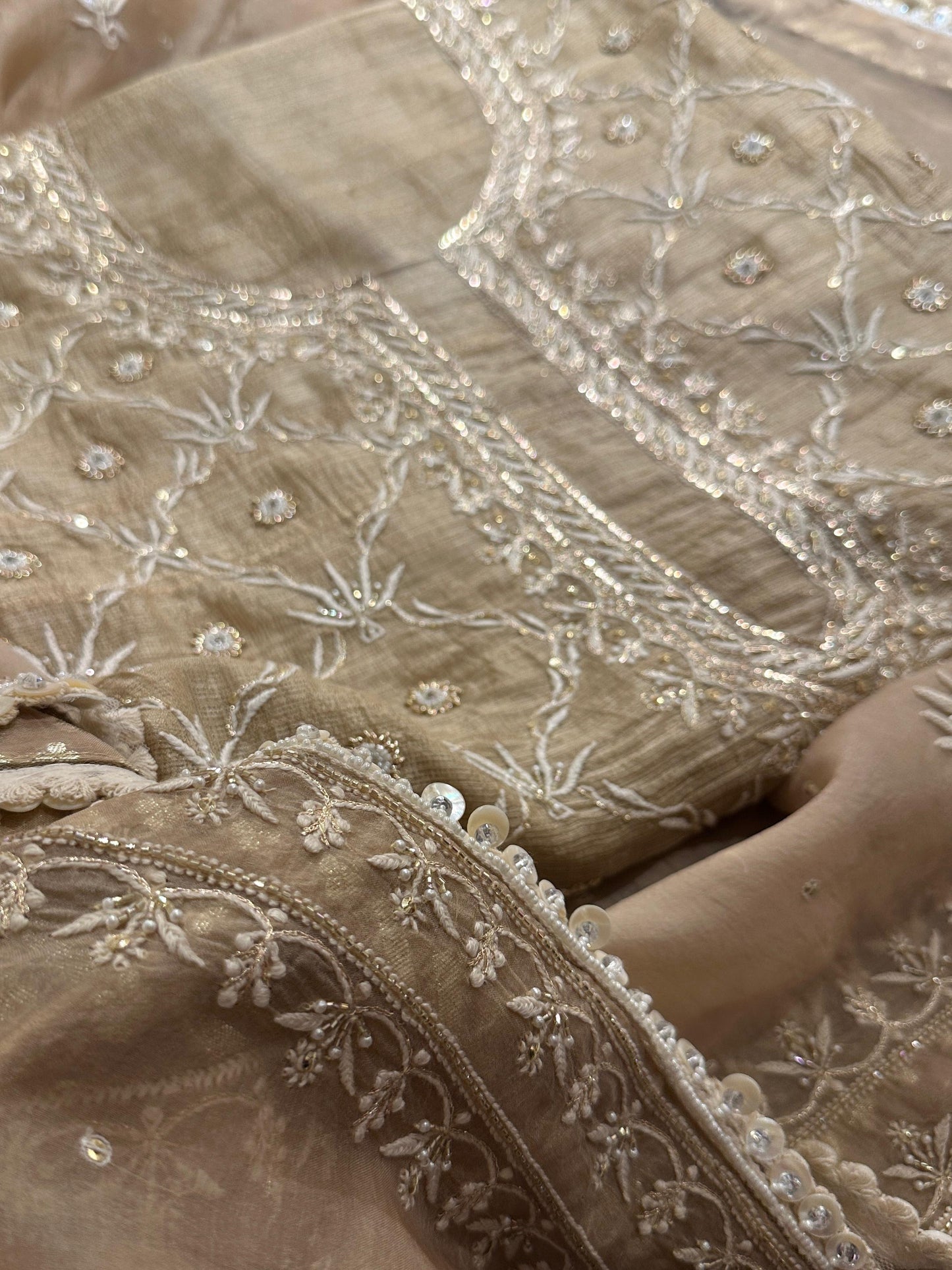 Beige Rasm Tussar Kota Chikankari Unstitched Chikankari Fabrics