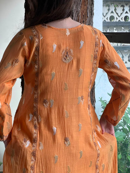 Orange Zari Chanderi Chikankari Ready to Wear Tunics