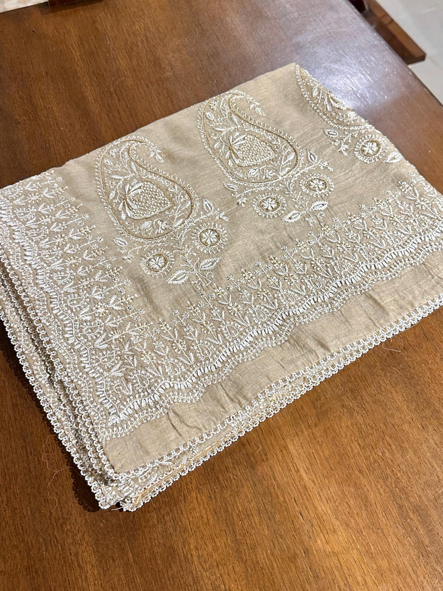 Natural Shade Fine Chikankari Ari Tissue Silk Dupatta