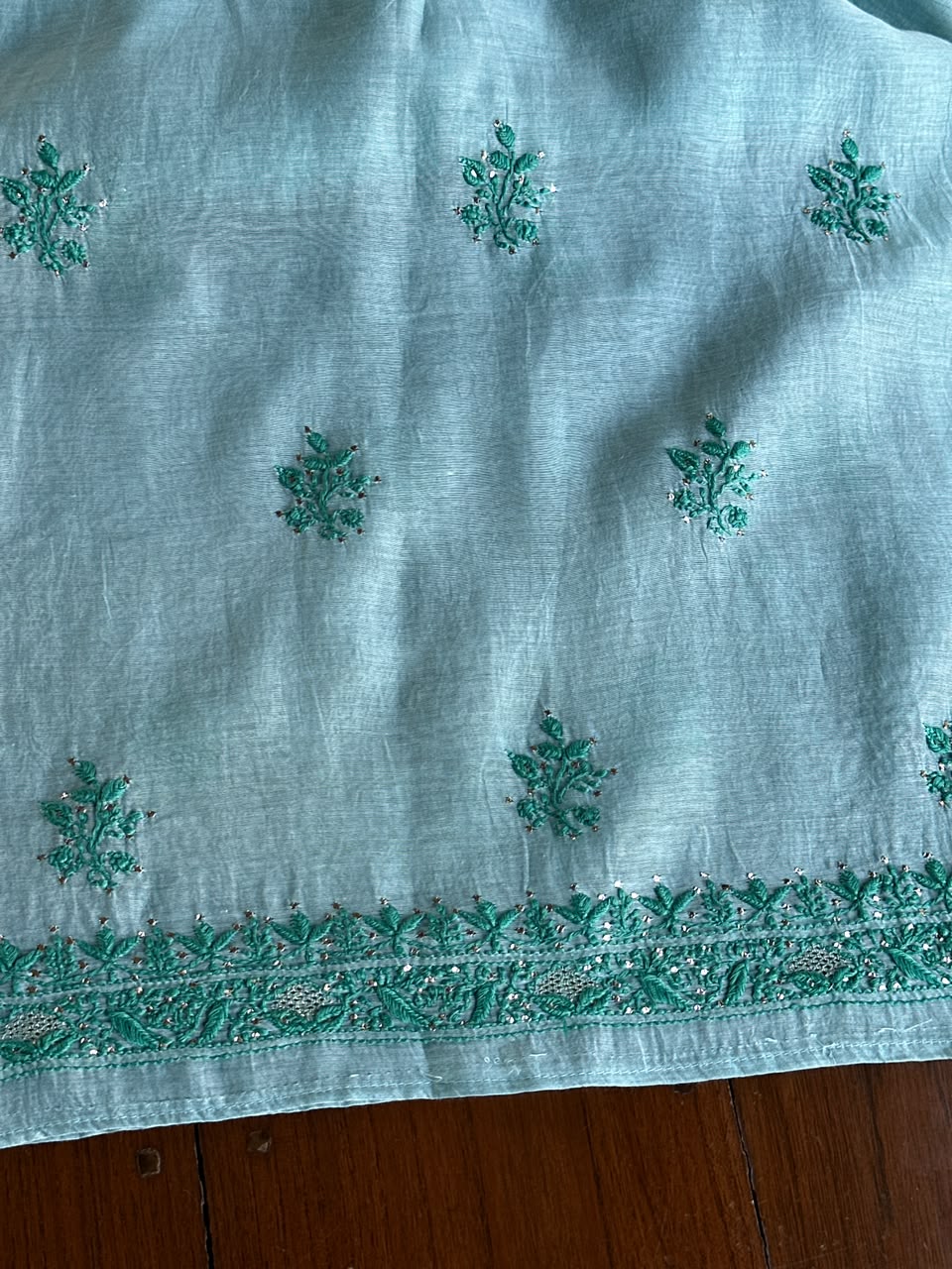 Blue Shade Mal Cotton Chikankari Unstitched Kurta Dupatta Fabric With Mukaish Badla