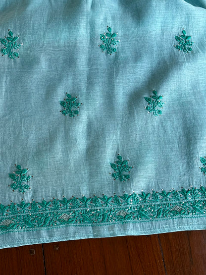 Blue Shade Mal Cotton Chikankari Unstitched Kurta Dupatta Fabric With Mukaish Badla