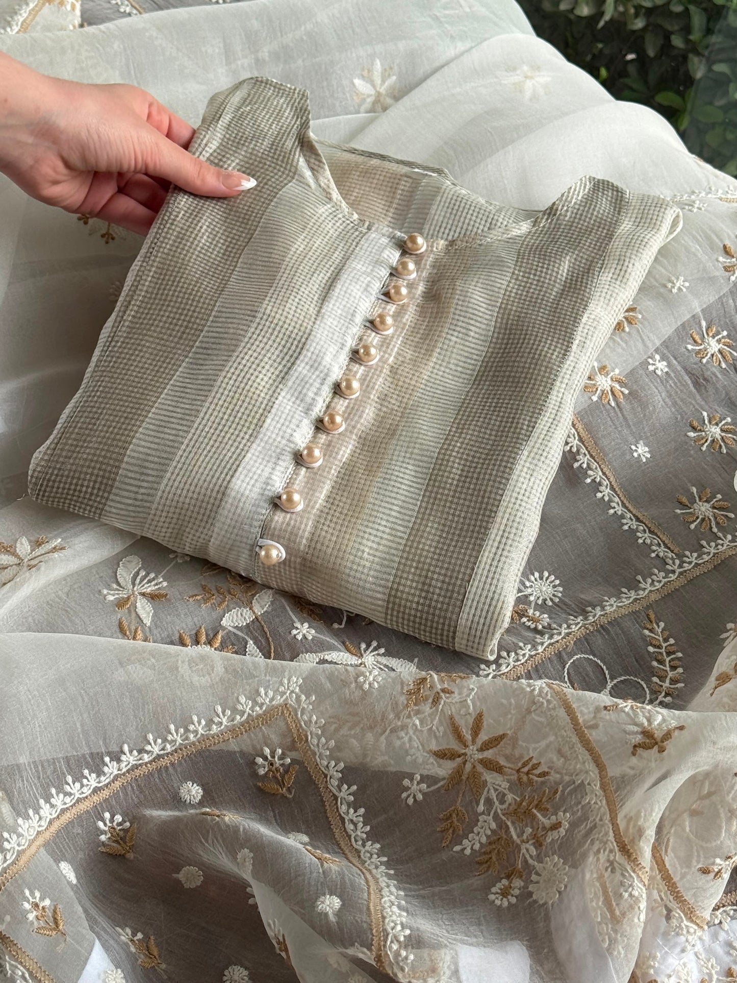 Ivory Kota Pattu Chikankari Suit Set with Organza Dupatta & Pearl Loop Buttons
