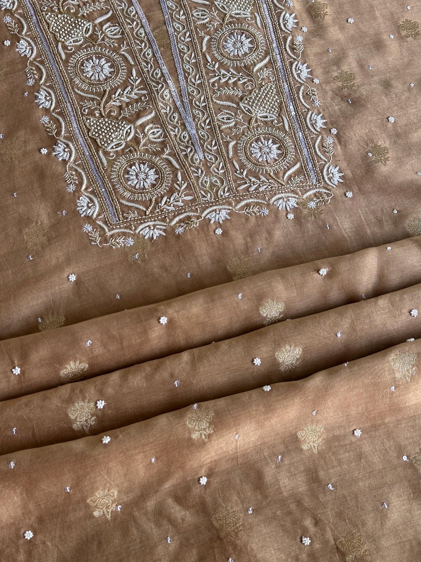 Tobacco Brown Shade Banarasi Zari Chanderi Unstitched Chikankari Fabric