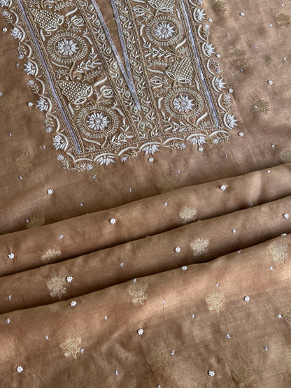 Tobacco Brown Shade Banarasi Zari Chanderi Unstitched Chikankari Fabric