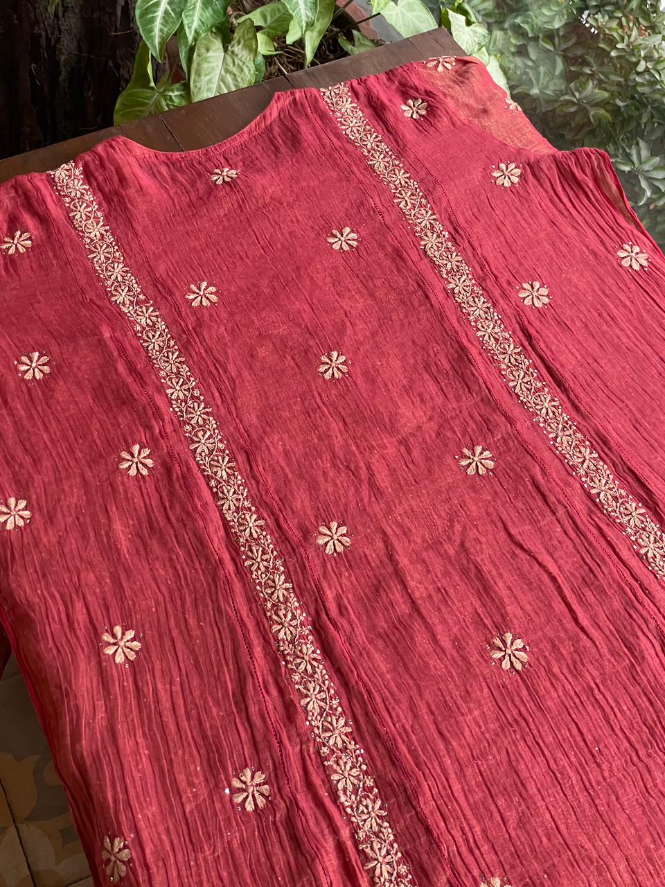 Dusty Red Shade Shade | Tissue Silk Chikankari Work Kurta Set