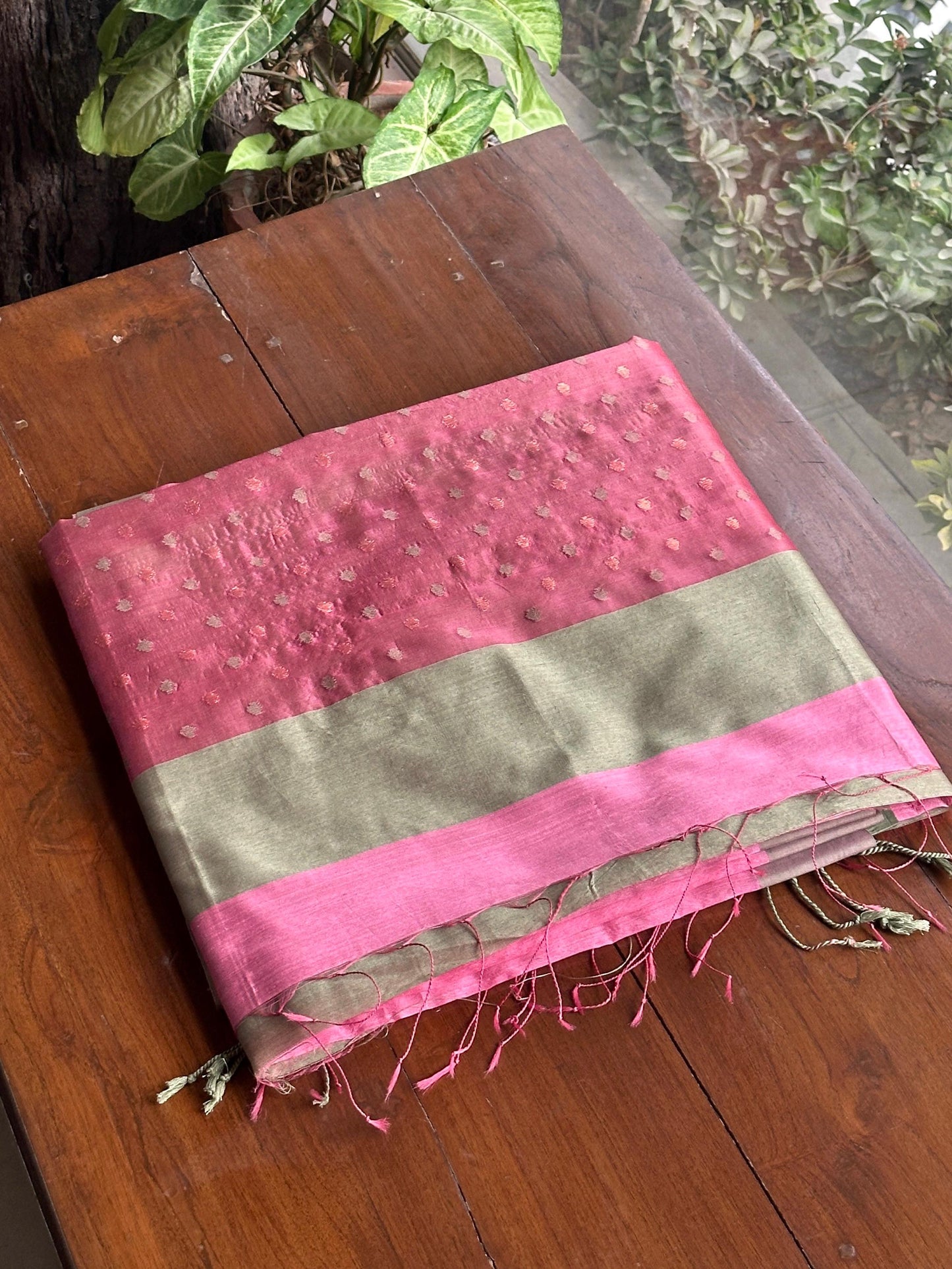 Hot Pink Woven Butta Saree with Contrast Grey Border