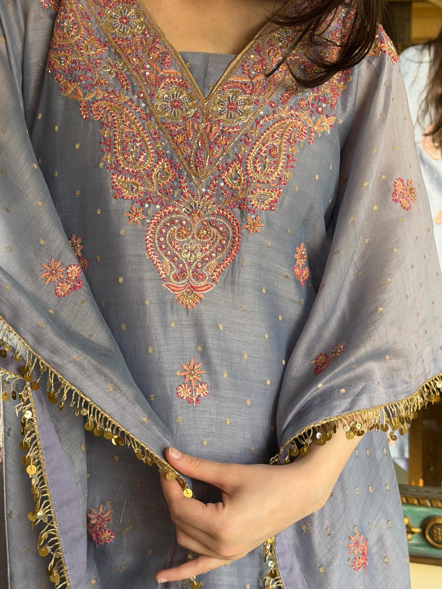 Lavender Zari Chanderi Chikankari Kaftan
