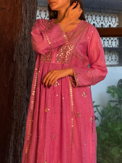 Deep Purple Mukaish Mul Chanderi Silk Ready To Wear Dress