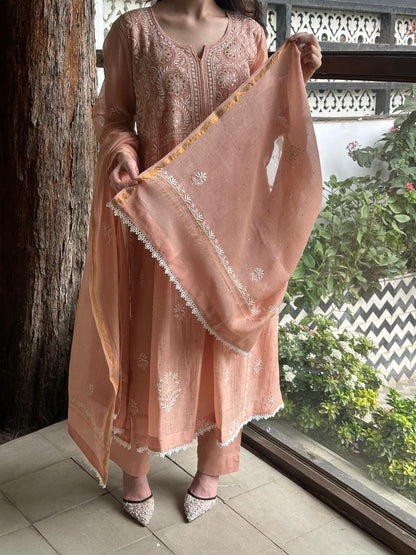 Peach Shade Malmal Mukaish Kamdani Kurta Set