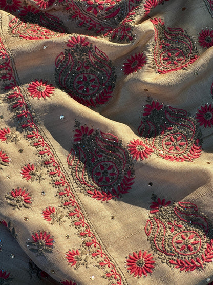 Natural Beige Shade Tussar Silk With Dual Thread Chikankari Fabric