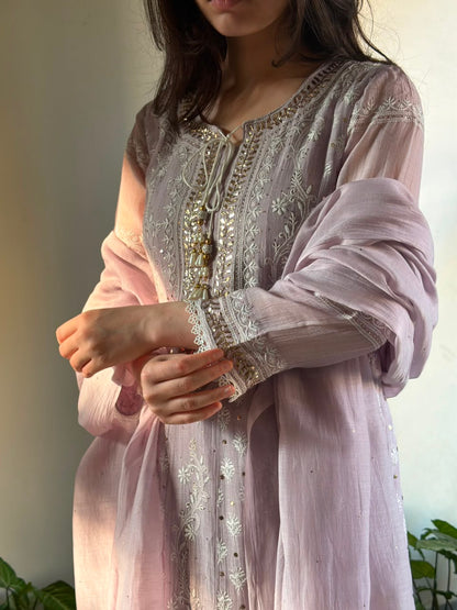Lavender Mal Chanderi Mukaish Kamdani Chikankari Anarkali