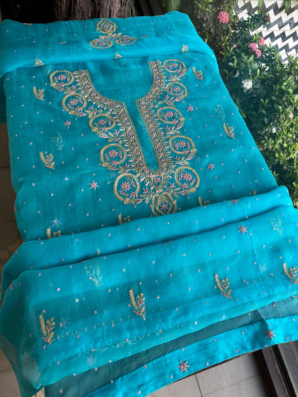 Peacock Blue Organza Banarasi Silk Chikankari Unstitched Kurta Dupatta Set