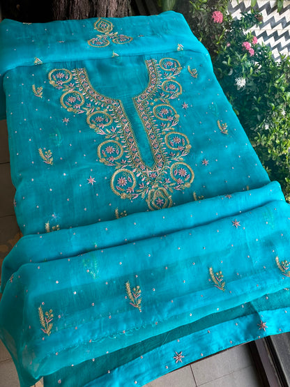 Peacock Blue Organza Banarasi Silk Chikankari Unstitched Kurta Dupatta Set