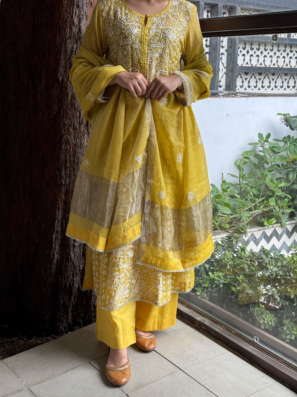 Yellow Tissue Silk Chikankari Straight Cut Kurta Dupatta Set