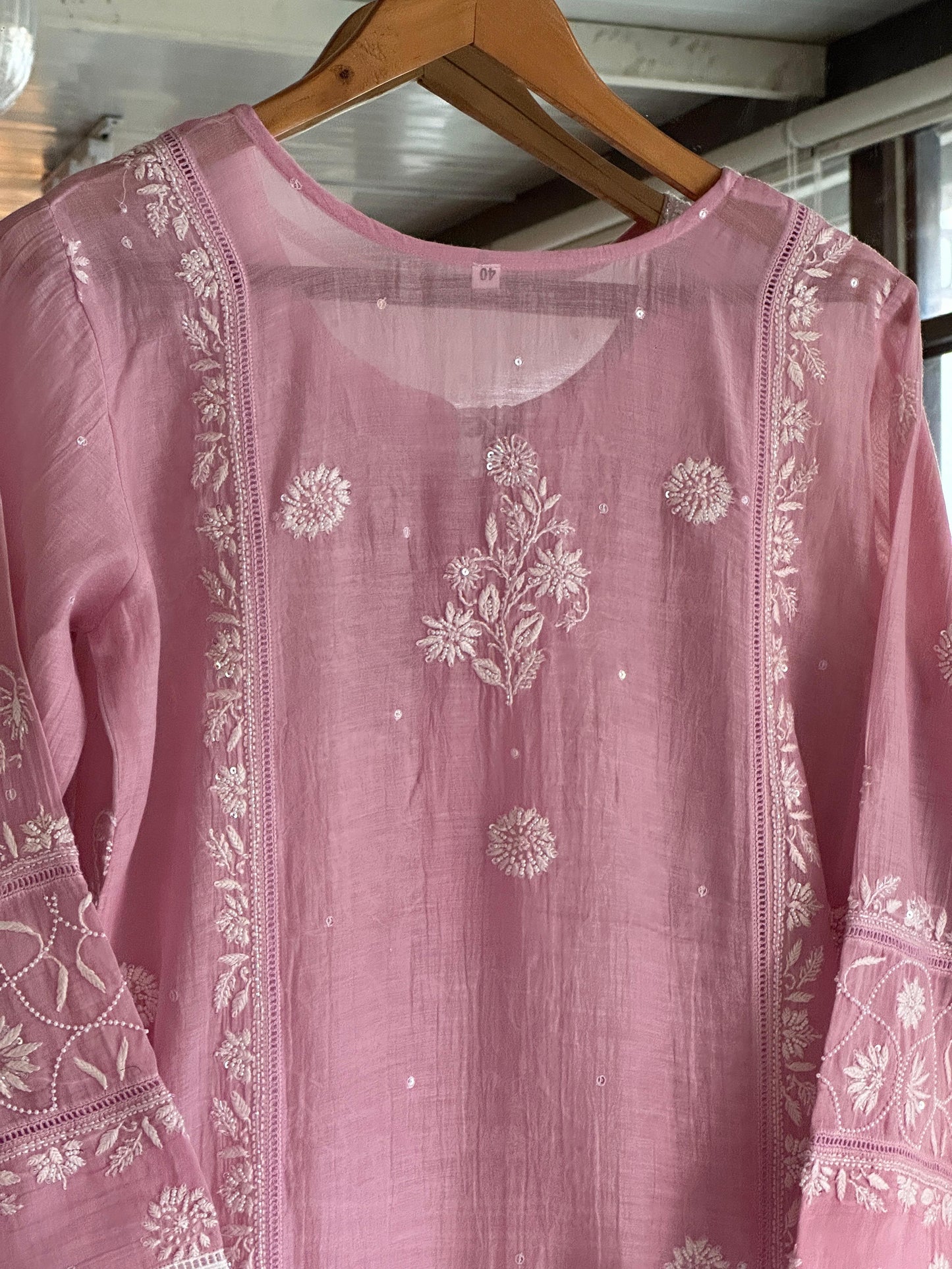 Pastel Pink Shade Malmal Pearl Work Chikankari Kurta With Dupatta