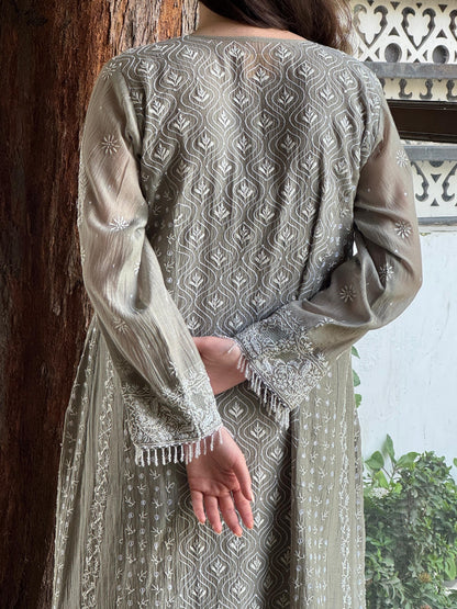 Slate Grey Shade Malmal Pearl Work Chikankari Anarkali