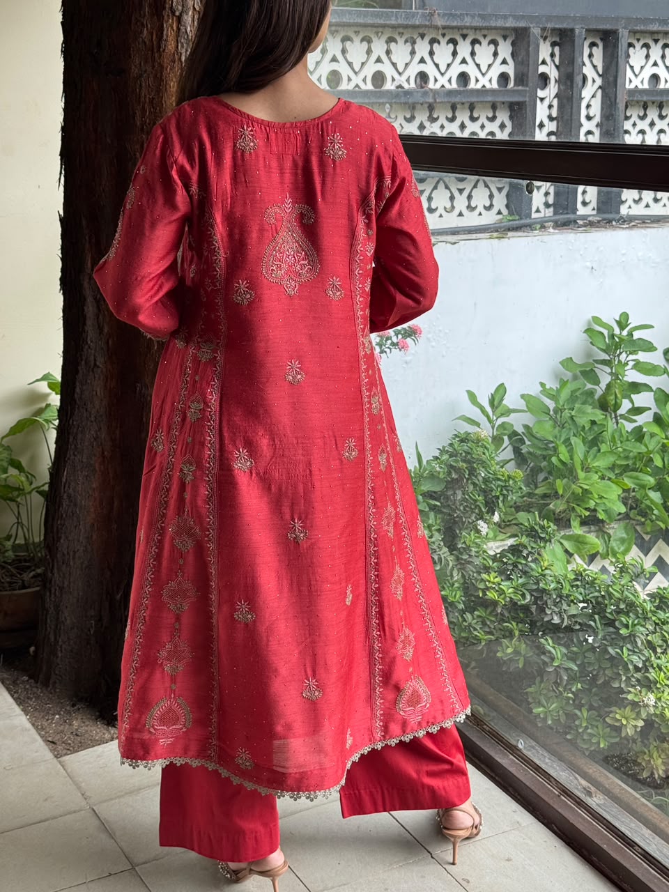Brick Red Moonga Silk Chikankari Anarkali With Dupatta
