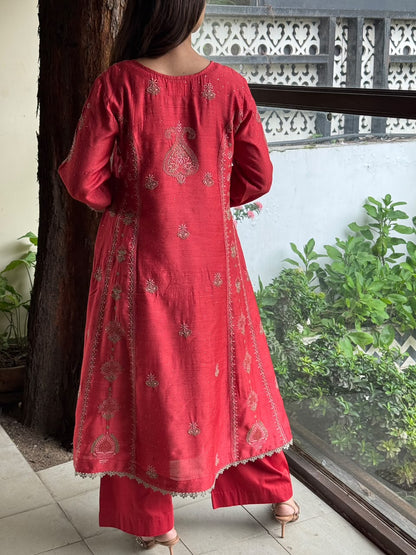 Brick Red Moonga Silk Chikankari Anarkali With Dupatta