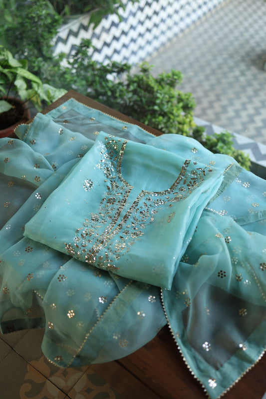 Sea Blue Shade Noor Organza Silk Badla Unstitched Kurta Dupatta Set