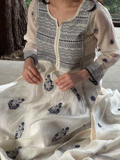 White Melon | Malmal Mukaish Kamdani Chikankari Stitched Kurta Dupatta Set