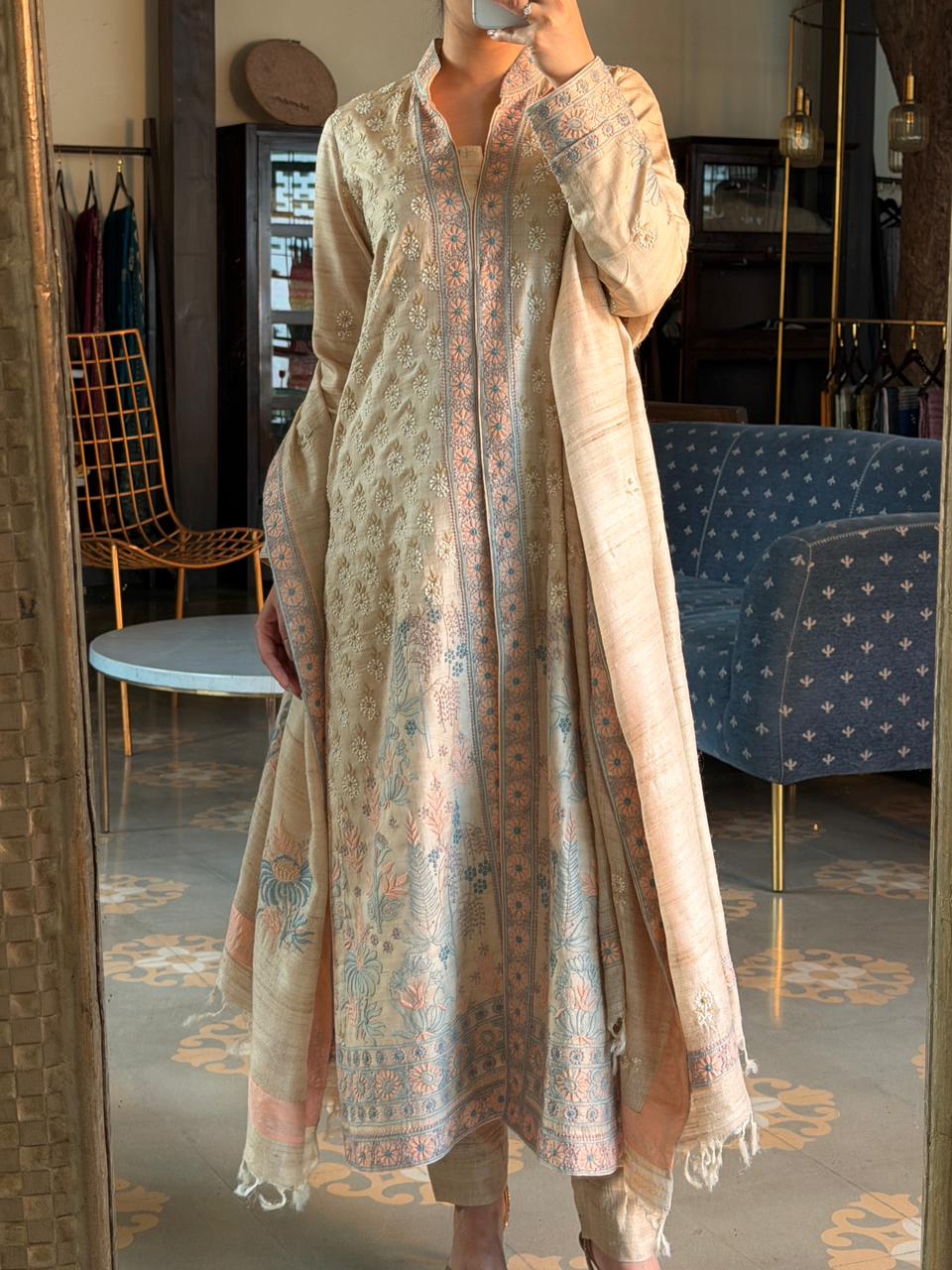Intricate Natural Tussar Silk Chikankari RTW Jacket Set