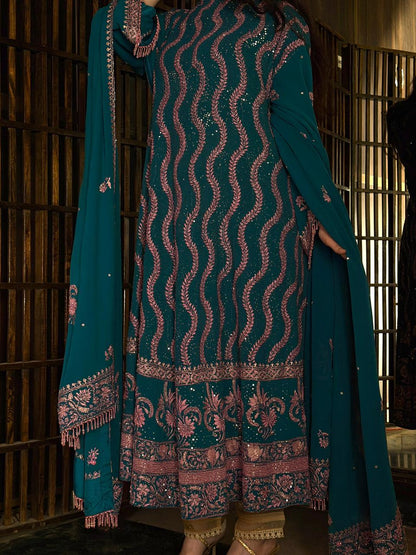 Prussian Blue Sequinned Georgette Chikankari Anarkali