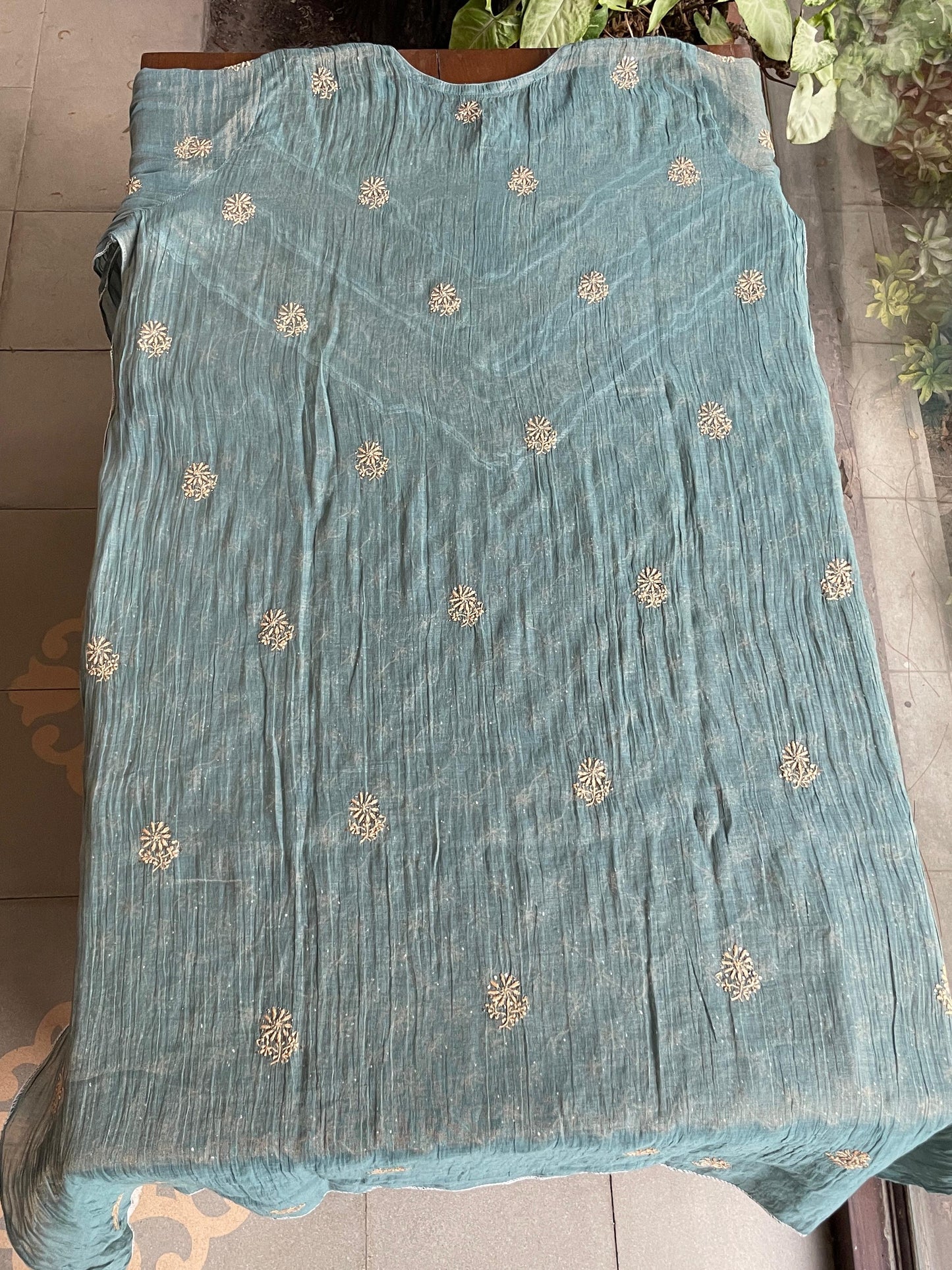 Grey Blue Shade | Tissue Silk Chikankari Work Kurta Set