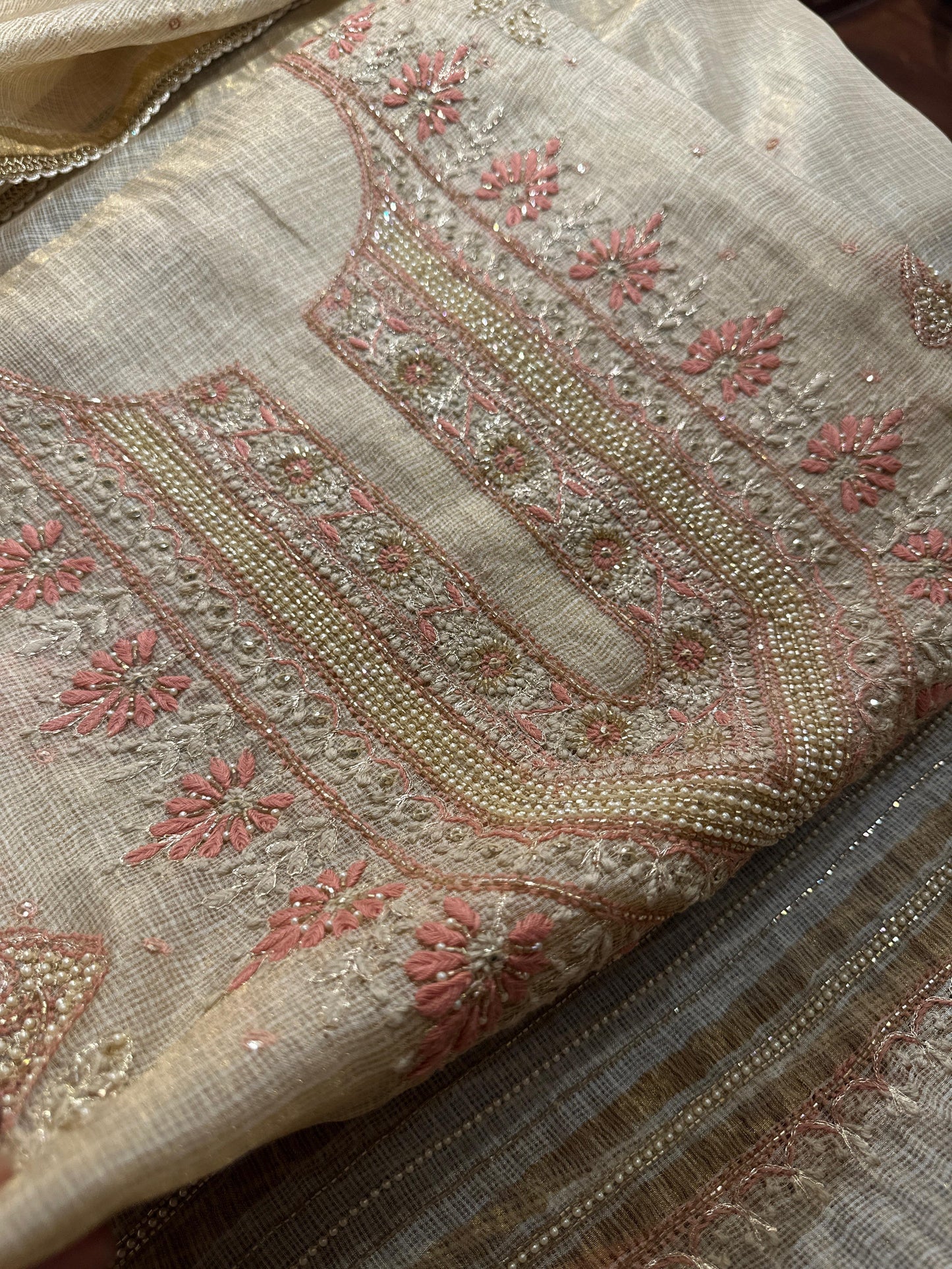Beige Peach Tissue Kota Chikankari Unstitched Fabric