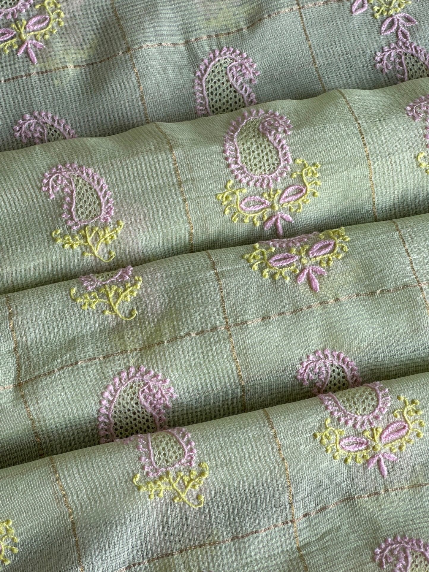 Olive Green Shade Tissue Zari Kota Chikankari Unstitched Fabric