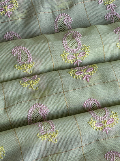 Olive Green Shade Tissue Zari Kota Chikankari Unstitched Fabric