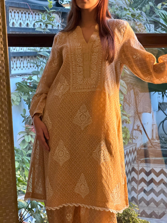 Beige | Jacquard Sequins Chikankari Co-Ord Set