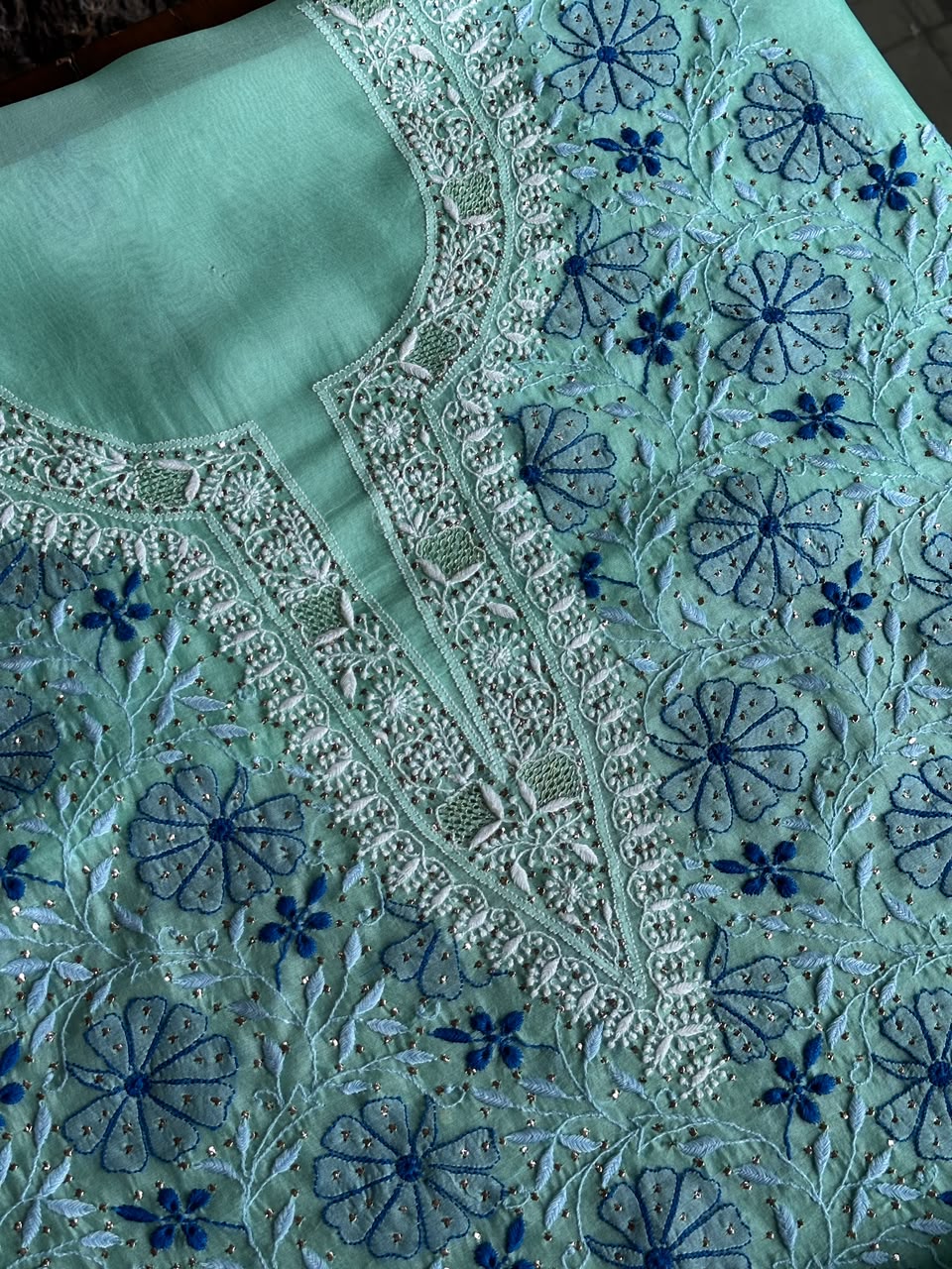 Blue Noor Organza Silk Chikankari With Kamdani Fabric