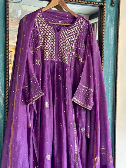 Deep Purple Shade Mukaish Mul Chanderi Silk Dress