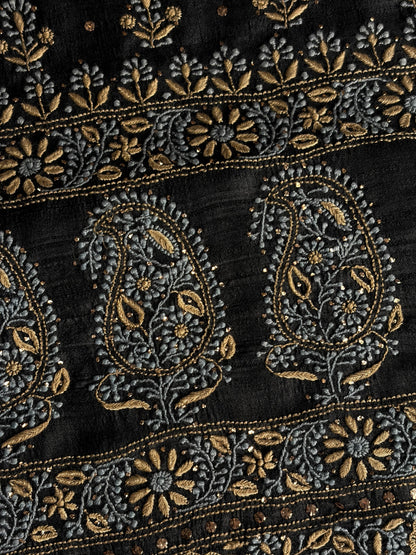 Black Shade Roheen Tussar Silk Chikankari Fabric