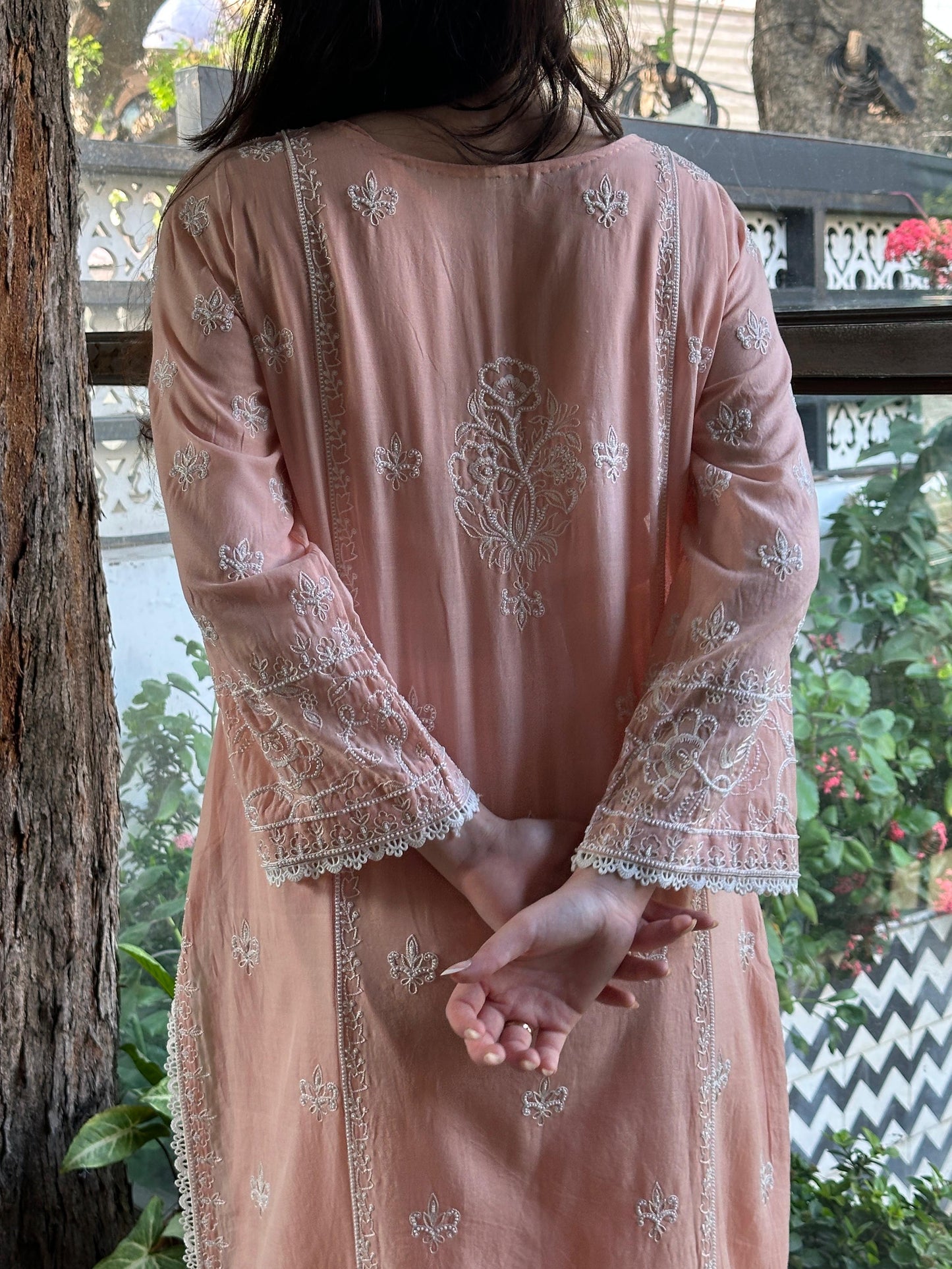 Peach Shade Malmal Pearl Work Chikankari Kurta Set