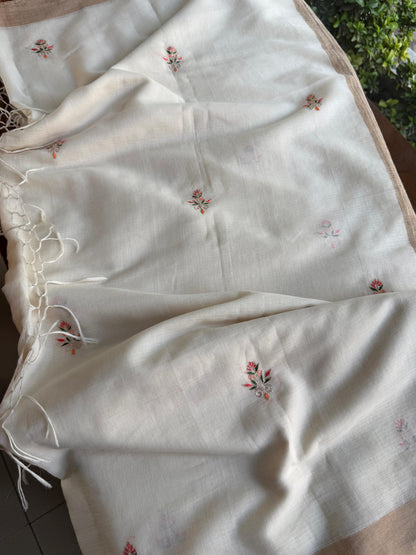 Off White Tussar Silk Gheecha Palla Kota Mukaish Resham Saree