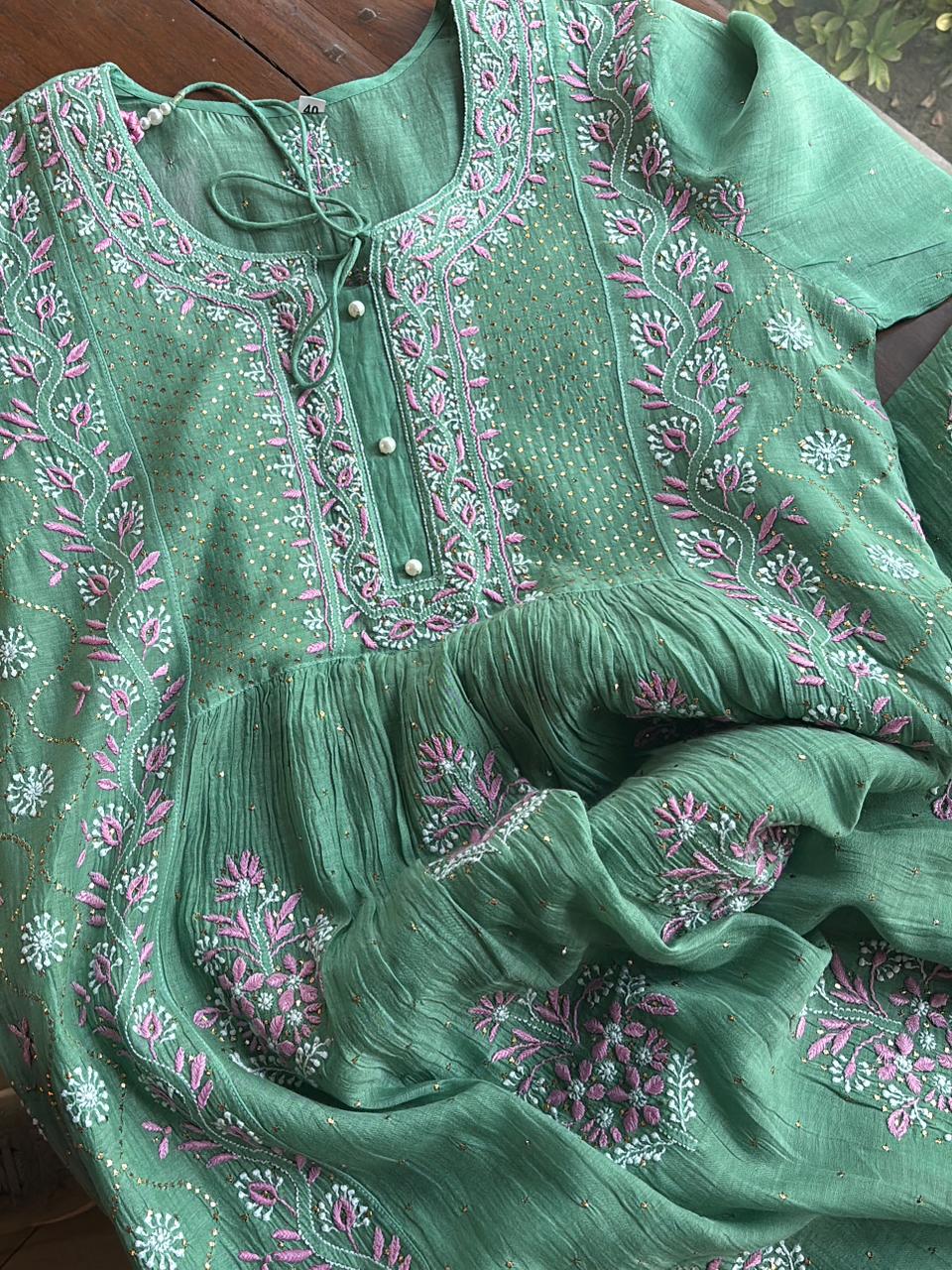Green & Soft Pink Shade | Malmal Mukaish Kamdani Chikankari Stitched Kurta Dupatta Set