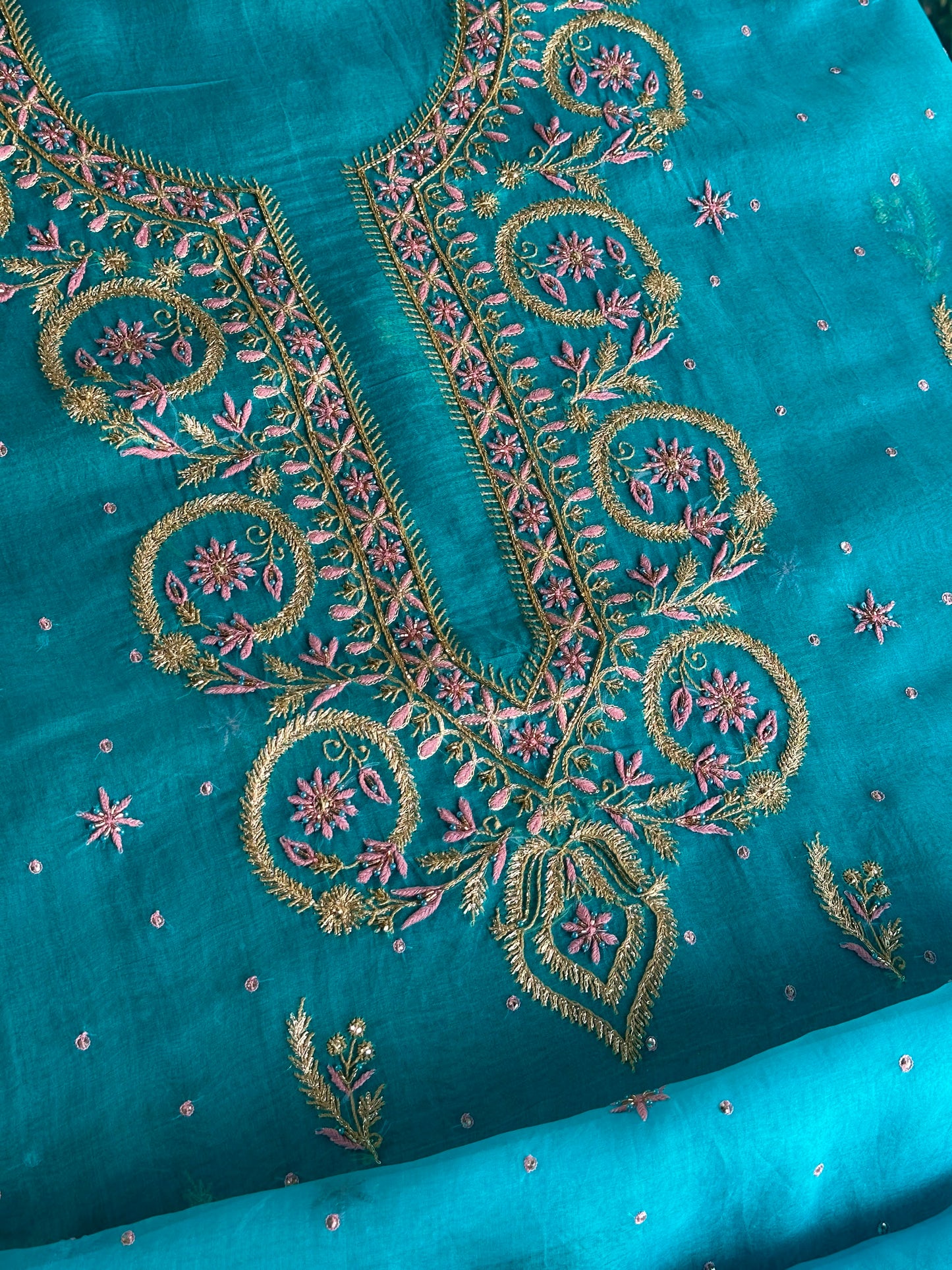 Peacock Blue Organza Banarasi Silk Chikankari Unstitched Kurta Dupatta Set