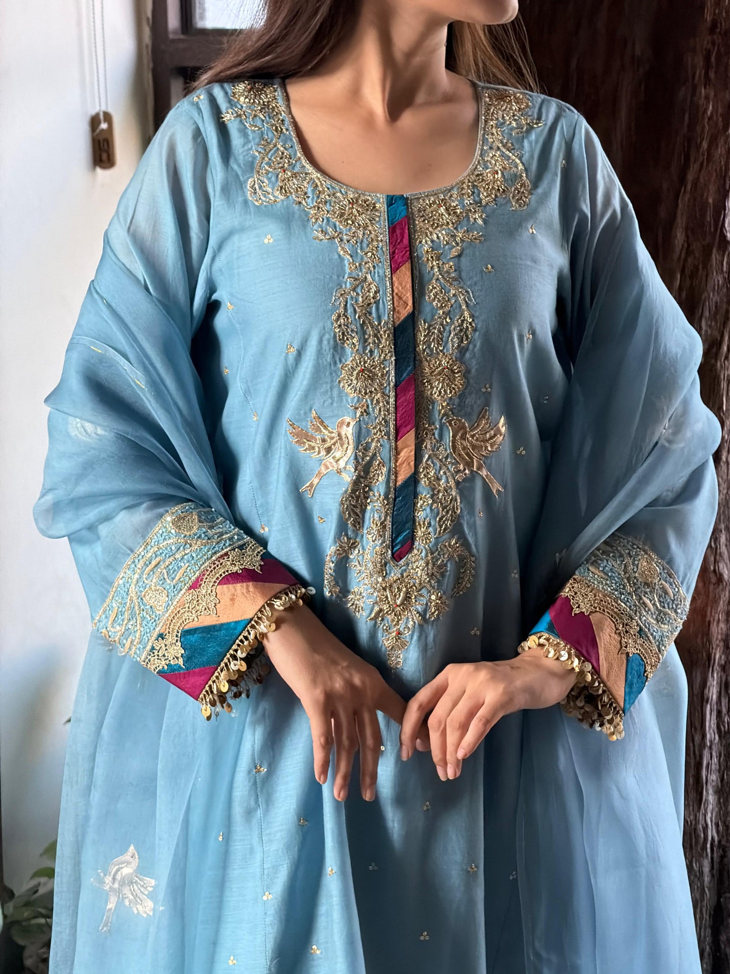 Pastel Blue Chanderi Silk Bird Motif Khadi Salwar Set