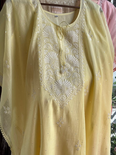 Soft Yellow Malmal Sequinned Chikankari Kaftan