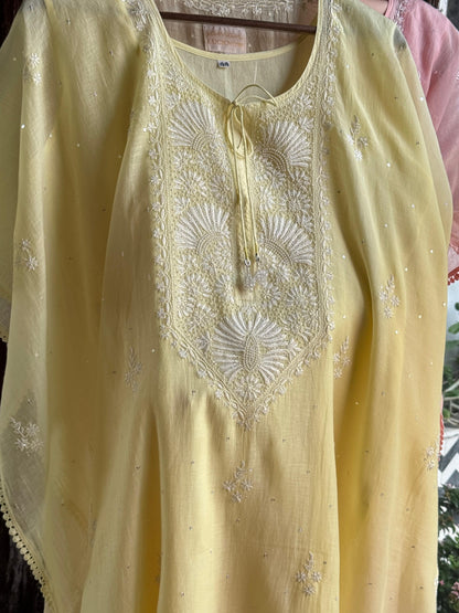 Soft Yellow Malmal Sequinned Chikankari Kaftan