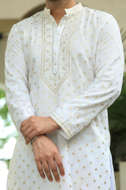 Off White Zari Chanderi Chikankari Ready to Wear Men’s Kurta