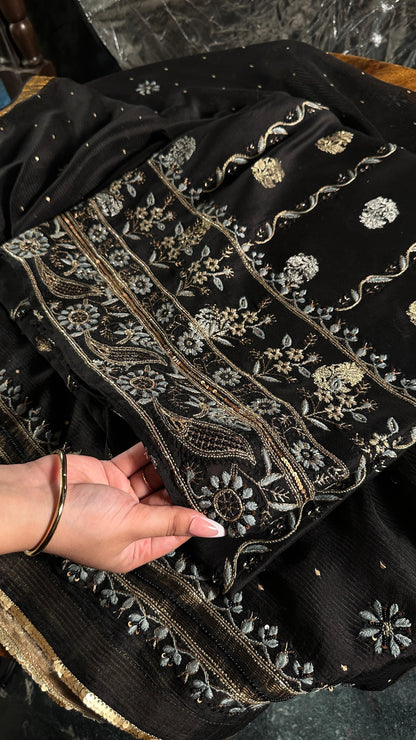 Black & Grey Banarasi Zari Chanderi Unstitched Chikankari Fabric
