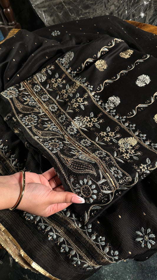 Black & Grey Banarasi Zari Chanderi Unstitched Chikankari Fabric
