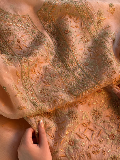 Floral Soft Peach Shade Noor Organza Chikankari Unstitched Fabric