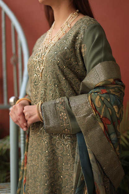 Mehndi Green Chikankari Pure Georgette Kurta Gharara Set with Kalamkari Dupatta